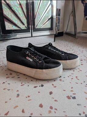 Superga Black Canvas Platform Sneakers with White Sole